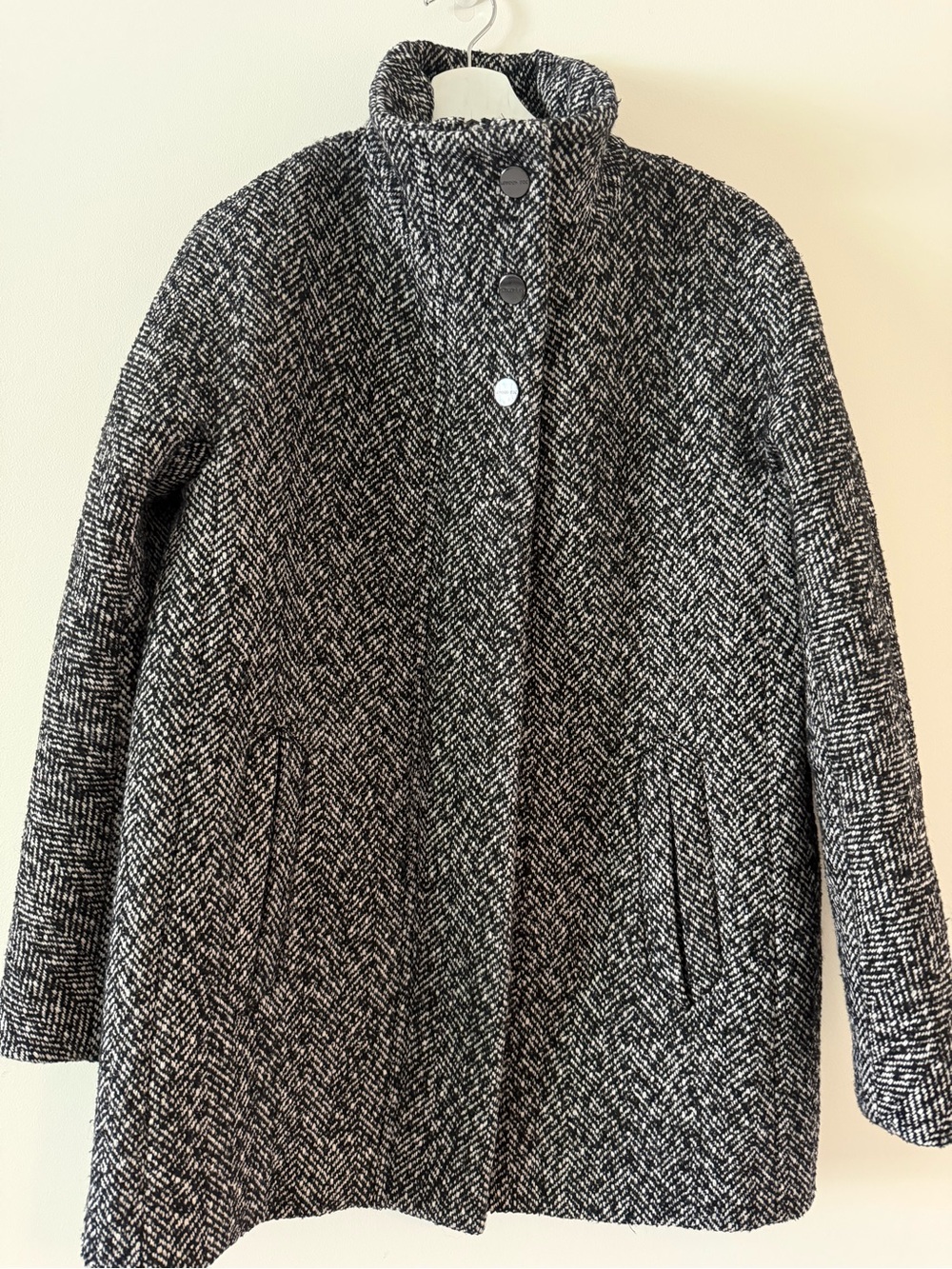 London Fog Black & White Herringbone Funnel-Collar Pea Coat